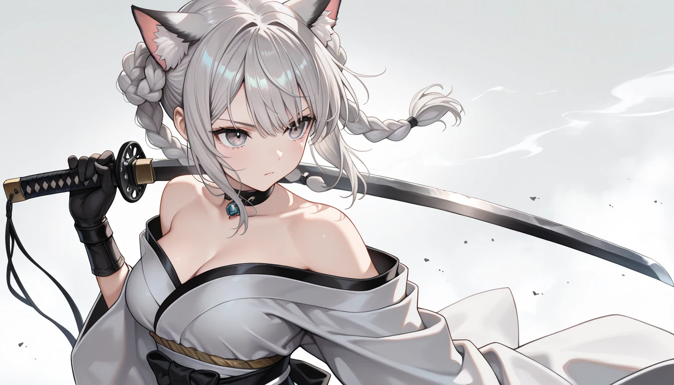 4k,High resolution,one woman,girl,silver hair,short hair,fox ears,Fox tail,blue eyes,,slender,small breasts,tits,show your shoulders,,first round,On your back,fur,light armor,Hakama