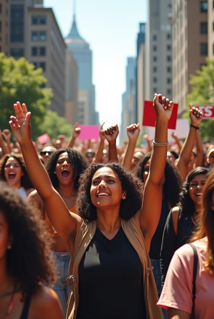 A group of individuals, predominantly of African descent, participating in a protest or demonstration. They are raising their fists and holding up blank white placards. The backdrop is an urban setting with tall buildings, and the scene appears to be breaking through a wall or barrier, symbolizing a breakthrough or resistance. The central figure, a woman with a raised fist and the word 'LOVE' on her shirt, seems to be leading or expressing the most intense emotion. The overall tone of the image is powerful and evocative, highlighting themes of unity, resistance, and hope.