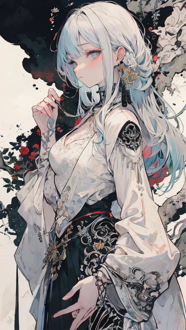 Ukiyo-e style　Charles Robinson, Frank Pape, Kay Nielsen, surreal　wondrous　strange　Whimsical　absurderes　fanciful　Sci-Fi Fantasy　Sphere mythology. Portrait of goddess holding a sword. Melting makeup. Snake around neck. Chains