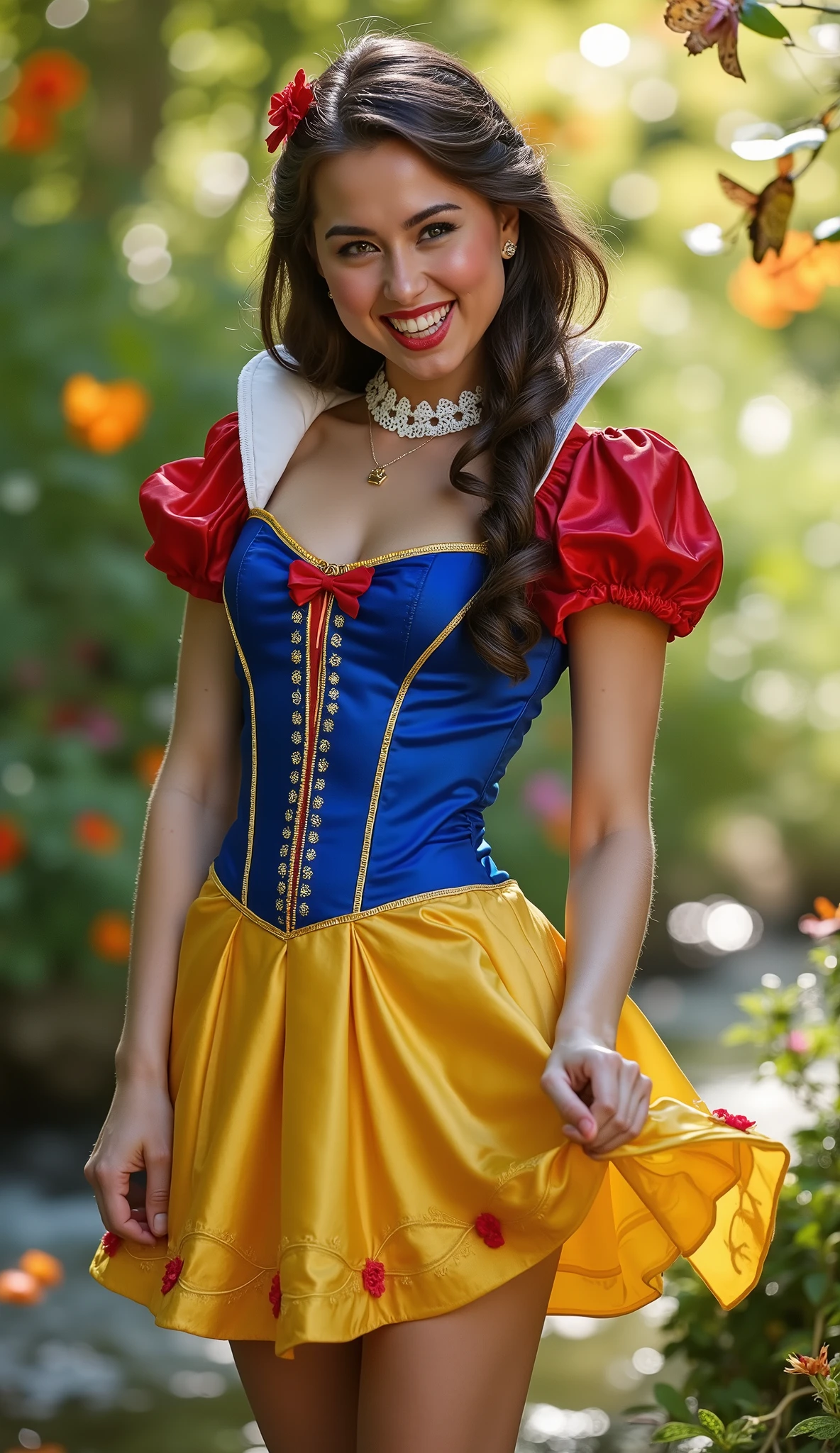 (((MID-BODY SHOT))) medium shot portrait of a sensual Snow White in the vibrant enchanted forest, sunlight piercing through lush foliage, colorful flowers and butterflies around her, wearing a FITTED figure-hugging sapphire-blue corset dress (Pantone 286C) with a (((deep V neckline))), FITTED golden-yellow mini skirt (Pantone 1235C) with playful ruffles, puffed micro-sleeves in crimson-red satin (Pantone 186C), white lace choker with a tiny golden bow, thigh-high glossy red heels, seductive pose with hand on hip, winking at the viewer with a mischievous smile, ruby-red lips parted, porcelain skin glowing under soft sunlight, raven hair in a loose side braid with a red ribbon, forest details: friendly animals (rabbits, deer) peeking behind trees, crystal-clear stream in the background, style: Disney Princess meets Victoria's Secret Fashion Show, hyper-realistic textures (satin shimmer, lace delicacy), FLUX v2.0 enhanced vibrancy + sunbeam diffusion, 8k resolution, dreamy bokeh, faint golden sparkles around her figure, cinematic Disney color grading, (((Keep the exact face and hair details of the selected LoRA))), (((BIG BREASTS))), (((HOURGLASS FIGURE)))