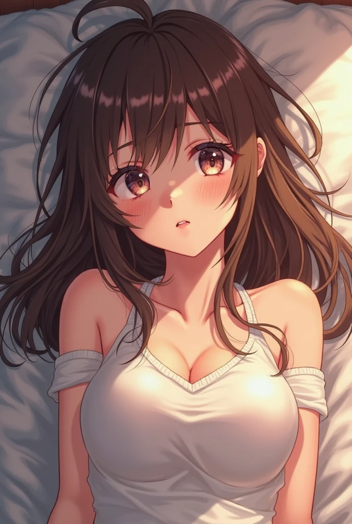 2d, sketch art, one anime woman, brown hair, busty, medium breasts, cleavage, POV, close up, nightgown, (detailed eyes, beautiful eyes), ((brown eyes:1.2)), bedroom