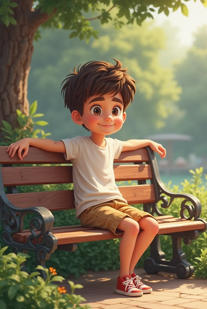 Barefoot boy in blue shorts and white t-shirt sitting on a chair with his feet on a wooden table enjoying the sun