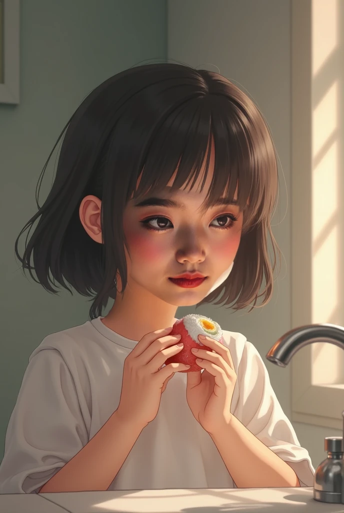 Miyazaki's painting style,A 6 year old boy,Holding a lychee in his hand and eating, he looked at the man,Man wearing shirt,At the table,the sunset