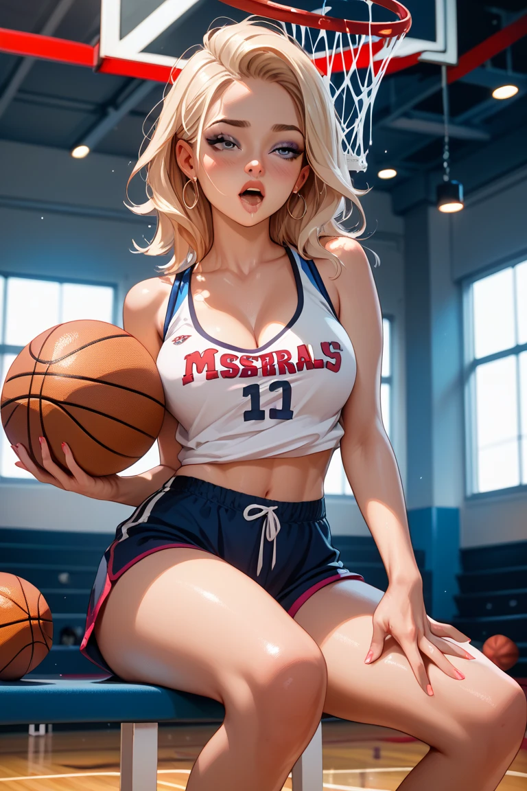 Descomunal tits yamanaka ino, she has really big tits, she has a gym girl body, she is partially naked, she is wearing a lakers jersey, she is lying in a bed, she's wet.