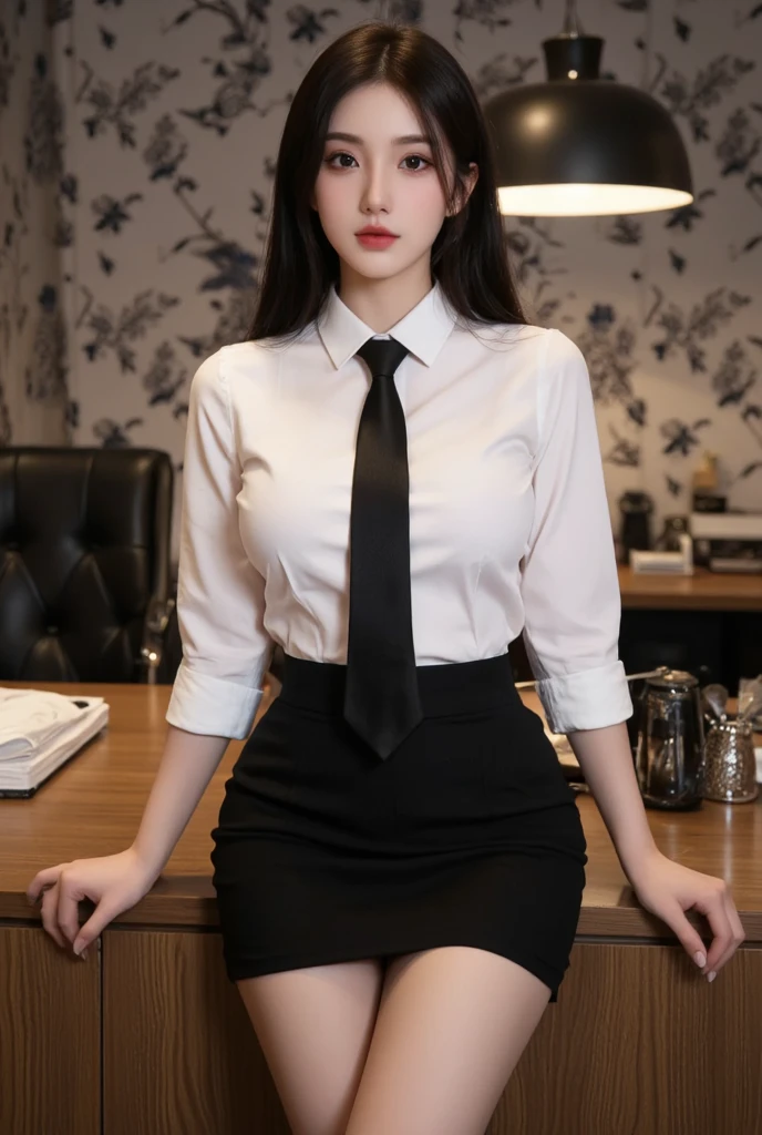 (Masterpiece, best quality, alone, รายละเอียดที่complex, Chromatic aberration), realistic, full body image,((Moderate breath)), hair in one eye,purple eyes, earring, sharp eyes, choker, (symmetrical eyes),(Perfect symmetrical body),Photo of a beautiful 22 year old girl, Beautiful and charming with contemporary fashion paintings as well...., looking at the audience, ((in the classroom background)), (1 Teen Girl),(black short skirt), (White short-sleeved, form-fitting shirt., Unbuttoning reveals.), ((Short black pencil skirt with side slits.)), belt, stilettos,((Put your hands down.)),Copper blonde hair, Bob, round chin, Art lens 85mm, Sharp focus, High resolution 8K, Crazy details, complex, elegant,sitting on the study table Lift one leg to eye level., legs slightly apart.,big breasts,big breasts, dynamic gesture, big breasts