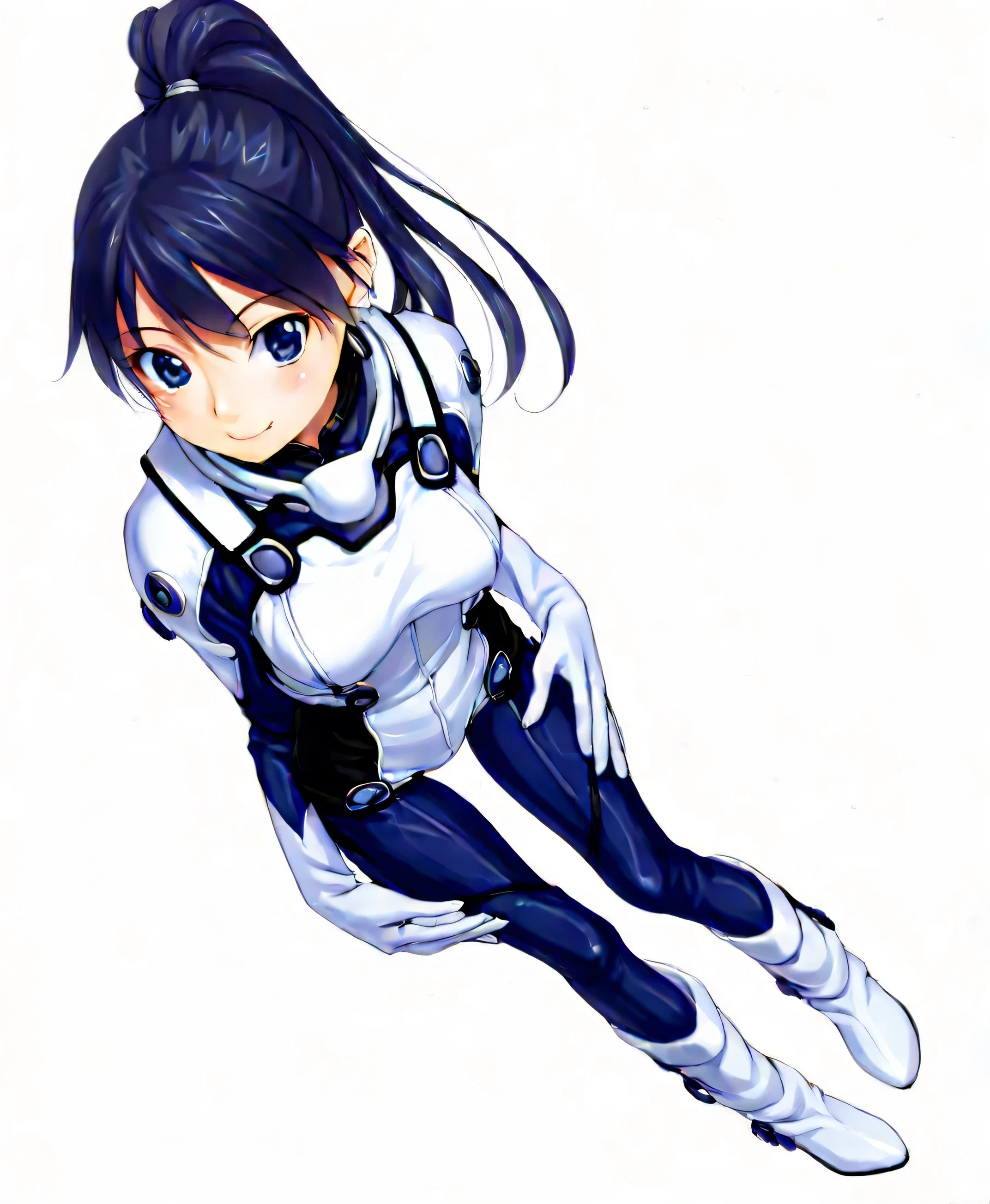 (masterpiece、 top quality、 highest resolution 、 Clear Images 、 Detailed Images、 The angle is from above ): ( one Japanese woman 、 High Ponytail、 Friendly Smiles。 dark blue hair 、 Sparkling blue eyes 、( white and navy blue pilot suit (Enamel Finish )、white and dark blue tight clothing (Enamel Finish )、 that conceals your legs 、 White and dark blue thigh-covering pants 、 white and dark blue shoulder cover 、 wear dark blue fitted pants that hide legs 、Armor to hide the chest、 dark blue fitted innerwear that conceals legs 、Completely conceals the chest )、 very delicate and beautiful、More、 slender body、exoskeleton、 cute、 kind smile、 soft impression 、heroine、white and navy hard boots、 elbow length gloves、 Active Action )、( simple background、 white background:1.5)