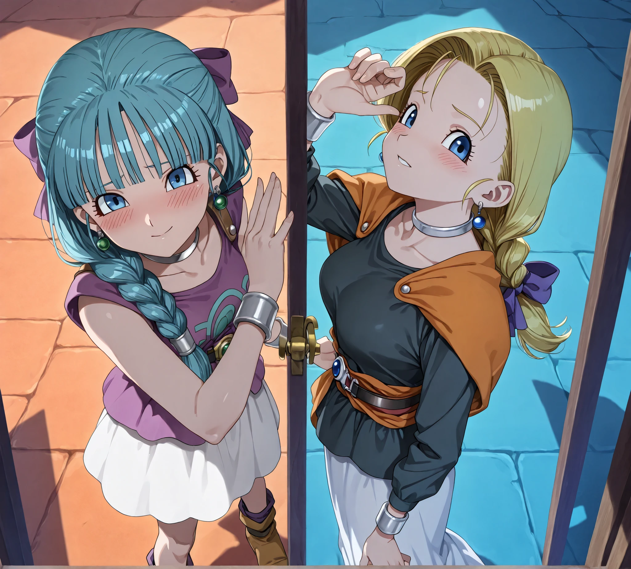 ((2girls)),Bianca and Flora in Dragon Quest 5.Dragon Quest. Viewers being courted by Bianca and Flora at the same time.((looking at viewer )),.((Scene with two women seducing the viewer at the same time ))((First-person perspective of a visual novel-style adventure game)). from above,high angle,.,2girl ,pov,((A dynamic scene where two contrasting female characters are competing for the Seduction to the viewer))..,perspective,. .Chainbone.. anime art,hand,. Touching the viewer.748cmstyle.
1girl:(bianca, blonde hair, blue eyes, braid, braided ponytail, long hair,),
1girl:(nera, hair bow,bracelet, choker, earrings, long dress, sash,forehead, bangs、White skirts.),. Blush. Seduction. .Bewitching smile.