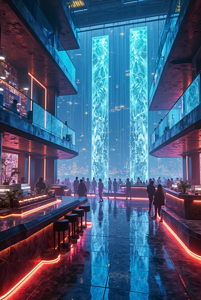 futuristic modern strip club, neon lights, huge room, futuristic, wide room, blue and purple neon lights, modern bar with neon underlights, dance-poles,, huge windows, futuristic view, night view, dark marble, night room, modern waterfall shower corner,