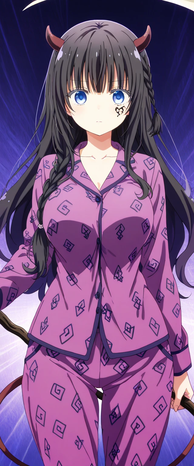 masterpiece, best quality, tashigi, black eyes, folded ponytail, glasses, pink coat, coat on shoulders, purple shirt, blue pants, upper body, looking at viewer, large breasts, serious, big breasts, cleavage, undressing, looking at viewer, room