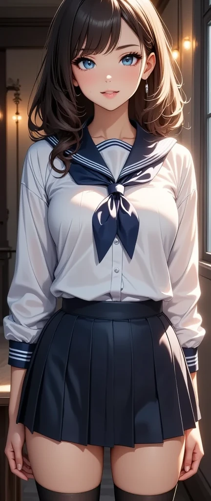 (masterpiece:1.2, highest quality), (realistic, photorealistic:1.4), beautiful illustrations, (natural side lighting, movie lighting), beautiful thighs, Front view, 1 girl, high school girl, 15 years old, perfect face, Cute symmetrical face, shiny skin, ランダムなカラーのsailor suit、
(random hairstyle、blonde), Big eyes, long eyelashes chest), thin, expensive、
beautiful hair, beautiful face, fine and beautiful eyes, beautiful clavicle, beautiful body, beautiful breasts, beautiful thighs, beautiful feet, beautiful fingers,
((High-quality fabric, sailor suit, navy pleated skirt)),
(beautiful scenery),Are standing, (smile, Superior, open your mouth), (((skirt lift, Panties and pantyhose are visible)))