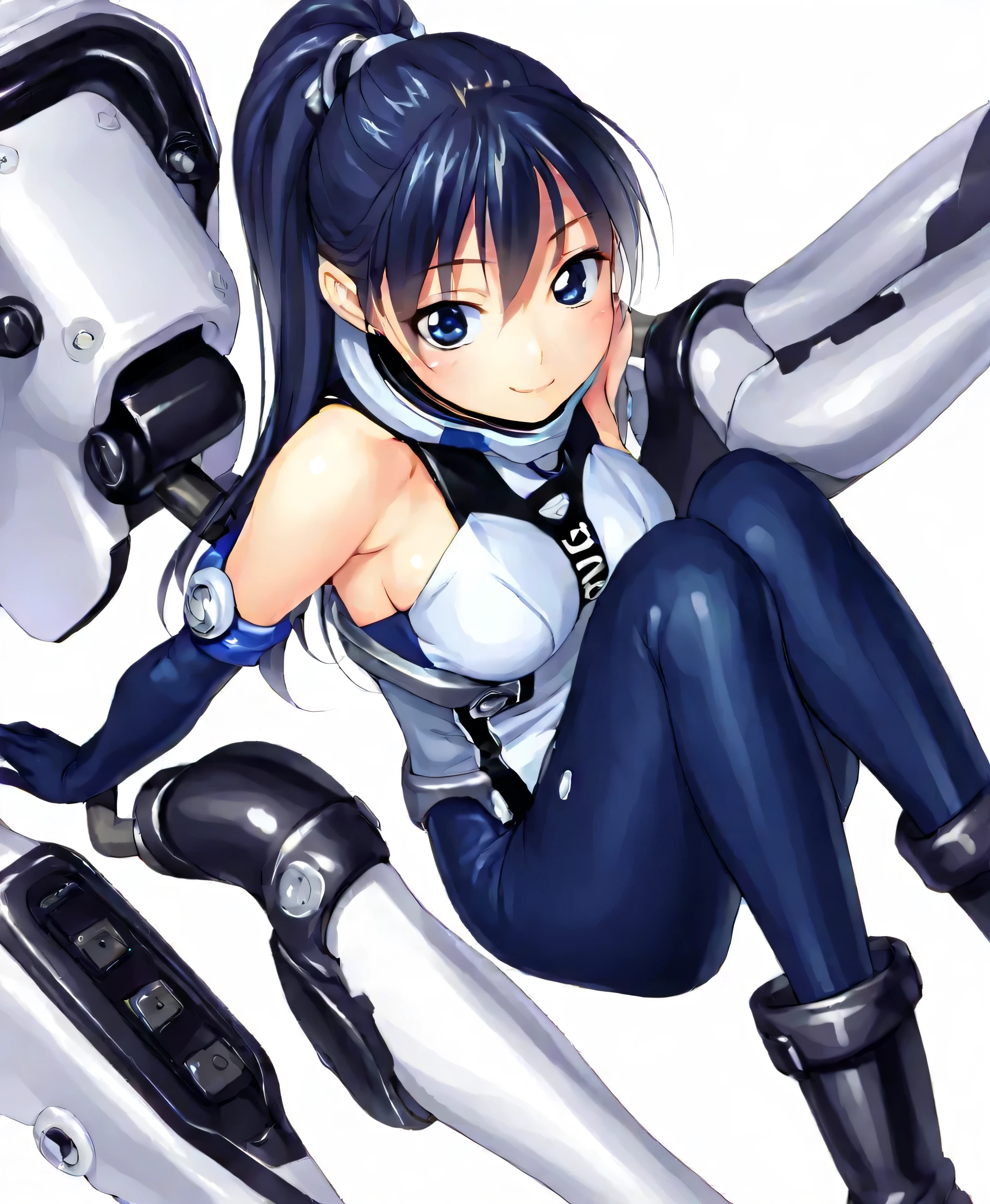 (masterpiece、 top quality、 highest resolution 、 Clear Images 、 Detailed Images、 The angle is from above ): ( one Japanese woman 、 High Ponytail、 Friendly Smiles。 dark blue hair 、 Sparkling blue eyes 、( white and navy blue pilot suit (Enamel Finish )、white and dark blue tight clothing (Enamel Finish )、 that conceals your legs 、 White and dark blue thigh-covering pants 、 white and dark blue shoulder cover 、 wear dark blue fitted pants that hide legs 、Armor to hide the chest、 dark blue fitted innerwear that conceals legs 、Completely conceals the chest )、 very delicate and beautiful、More、 slender body、exoskeleton、 cute、 kind smile、 soft impression 、heroine、white and navy hard boots、 elbow length gloves、 Active Action )、( simple background、 white background:1.5)