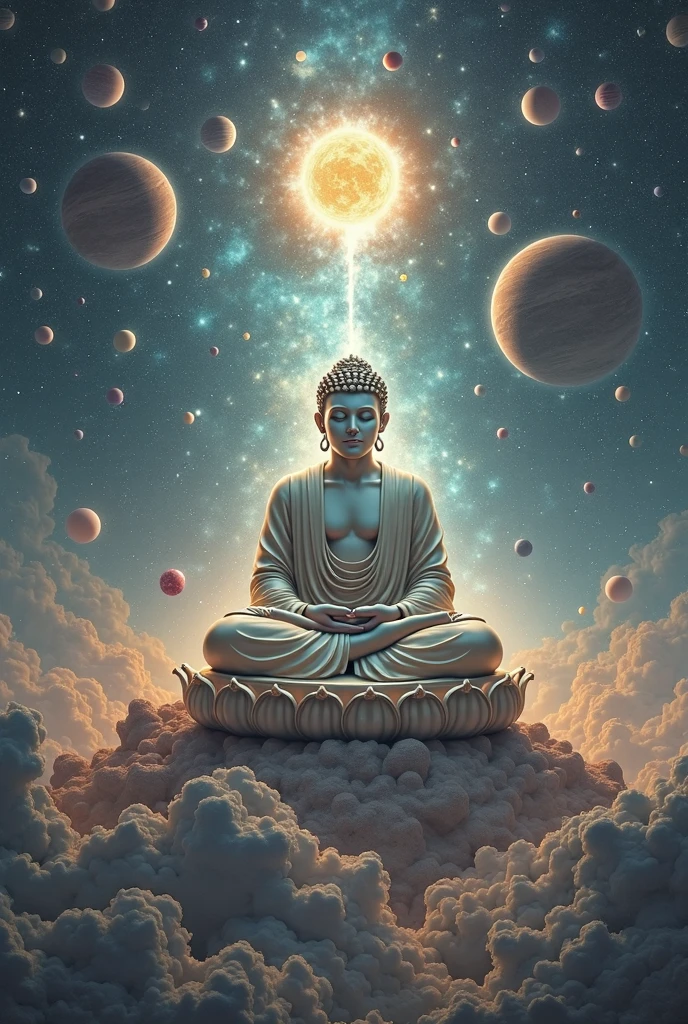 The god of the universe, the Buddha.., ]floating in outer space, Among many planets..