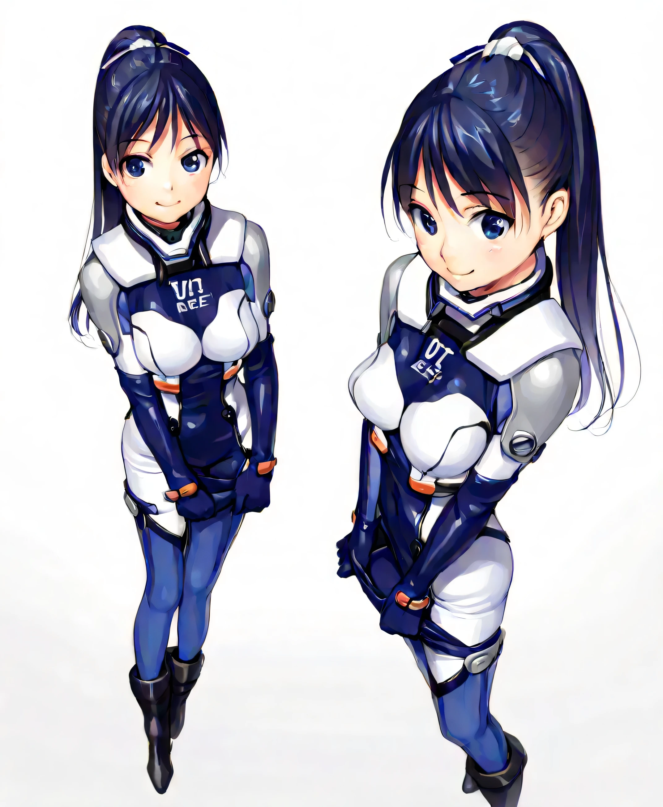 (masterpiece、 top quality、 highest resolution 、 Clear Images 、 Detailed Images、 The angle is from above ): ( one Japanese woman 、 High Ponytail、 Friendly Smiles。 dark blue hair 、 Sparkling blue eyes 、( white and navy blue pilot suit (Enamel Finish )、white and dark blue tight clothing (Enamel Finish )、 that conceals your legs 、 White and dark blue thigh-covering pants 、 white and dark blue shoulder cover 、 wear dark blue fitted pants that hide legs 、Armor to hide the chest、 dark blue fitted innerwear that conceals legs 、Completely conceals the chest )、 very delicate and beautiful、More、 slender body、exoskeleton、 cute、 kind smile、 soft impression 、heroine、white and navy hard boots、 elbow length gloves、 Active Action )、( simple background、 white background:1.5)