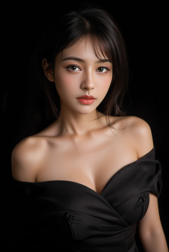 masterpiece, Highest quality, Super detailed, 複雑に詳細なSuper detailed, Realistic, Sharp features, Very detailed, Sharp focus, Perfect Face, Perfect Face, Perfect symmetrical perfect eyes, Perfect Plump Lips, Flexible female form, Cinematic, Film Light, Super detailed, hyper Realistic, High resolution, Vibrant, Dynamic Studio Lighting, ((Dark Background)), Sexy Face, The expression when receiving pleasure, Straight bangs, Big Breasts, Exposed cleavage, blue eyes, Off the shoulder, Cowboy Shot,
