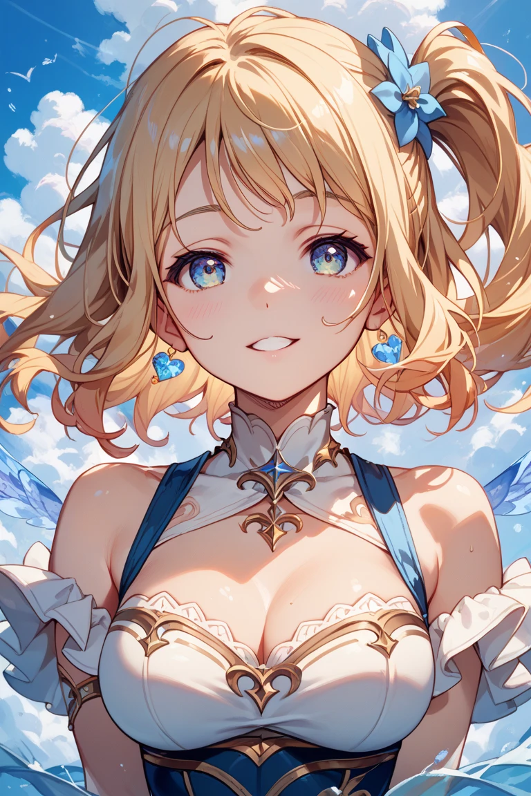 (Best quality at best,4K,A high resolution,tmasterpiece:1.2),ultra - detailed,Smooth short hair,Red fluttering face,Champagne eye shadow,long, flowing eyelashes,Precision eyebrows,Lustrous lip gloss,translucent youthful radiance,fresh garden background,Detailed texture,natural lightting,youthfulenergy,Lovely and lively,Bright and clear eyes,strong facial features,Youthful brilliance,Elegant,fluffy skirt,As ethereal and beautiful as a fairy.