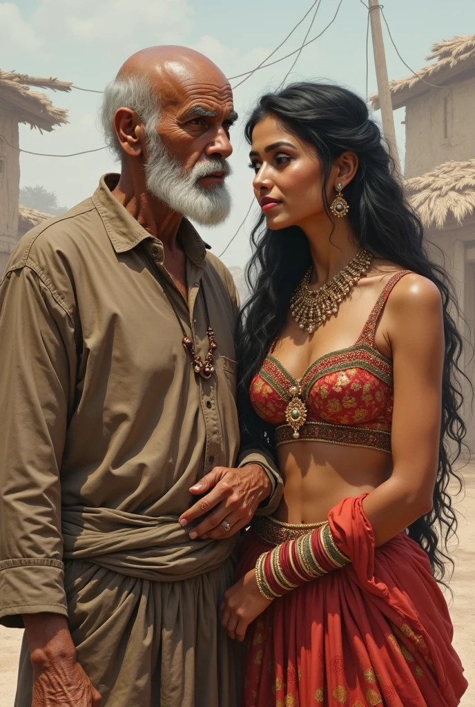 A beautiful hot indian girl, large breast, perfect body shape,wearing silver silky saree, red lipstick, sitting on knee, in front of 56-year old ugly man wear dhoti