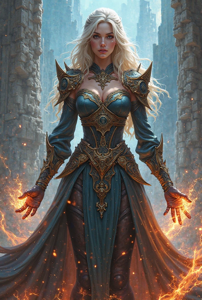 a human woman, cleric of life, in the world of dungeons and dragons, golden spells, divine aura, armor, religious symbol, warrior, confidence pose, blond hair, red cross on chest