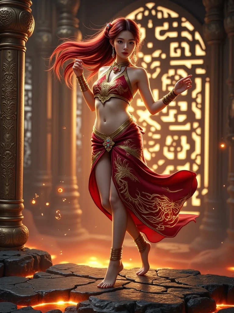 Chinese beauty standing and dancing on the water, Gorgeous costumes,It was embroidered with intricate embroidery., Tullai, The arms are tied with a long clear ribbon., Inspiration from the Bindunhuang Mural, Showing your navel, shoulder, neck, Black curly hair good,Flower hairpin, ribbon on armband, wreath, bracelet, Anklet, Metal chain tassel at waist, Mogao Cave Art, ink painting, Pop music station CG,short hair,good, red hair