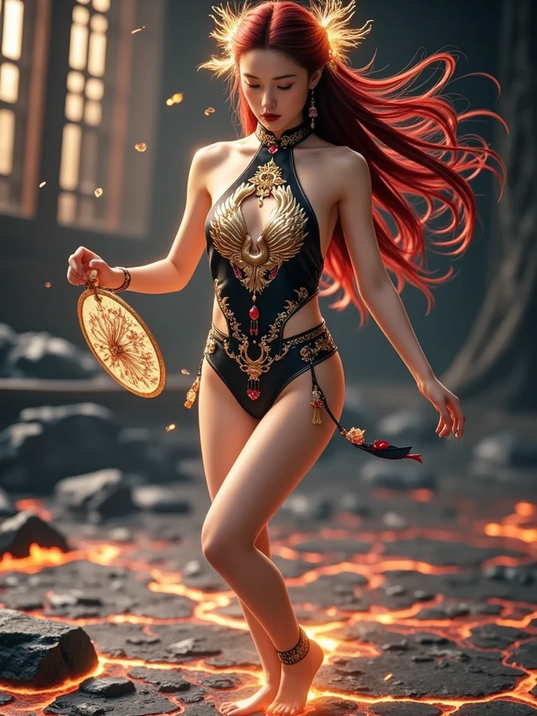 (Top Quality), ((Masterpiece)), (Photorealistic Stick: 1.2), (Sharp Focus), Fantasy Art, Dream World, 1girl, Red, Goddess of Fire, ((Rising Flame)), ((Rising Flame) Dancing inside)), ((violent dance)), (powerful pose, changing poses,), firebird, firebird feathers, all red, accurate anatomical body and hands, 4 fingers and 1 thumb, big breasts, cowboy shot, beautiful face, detailed face, perfect proportions, huge breasts, small waist, navel, crotch gap, thighs, staring, deep eyes, exposed naked Shoulders, exquisite hands, big flames dancing, light particles, halation, full of energy, colorful colors, (depth field: 1.3), perspective, light on the face,