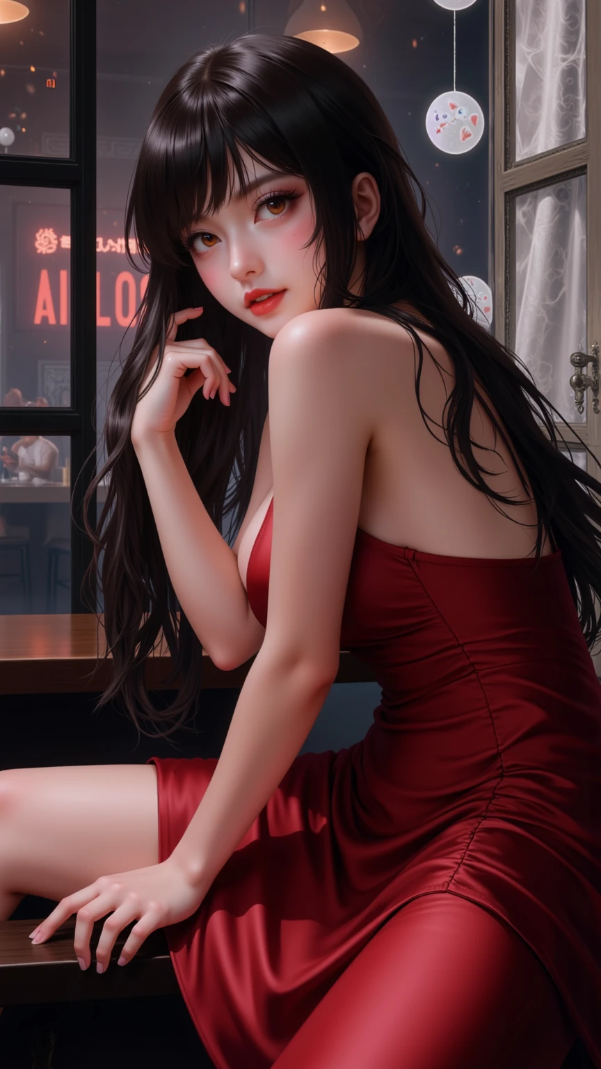 (8k, RAW photo, best quality, masterpiece:1.2), ultra-detailed, perfect detail , looking at viewer, make up, seductive, shamefaced, (young:1.2),((20 year old)), beautiful face, beautiful eyes, (((perfect female body, narrow waist))), red hair, asian appearance, hourglass figure, green eyes, beautiful appearance, red silk dress, puffy lips, black heels, in the restaurant, wavy hair, light makeup, mole under the lip, dragon tattoo on the shoulder