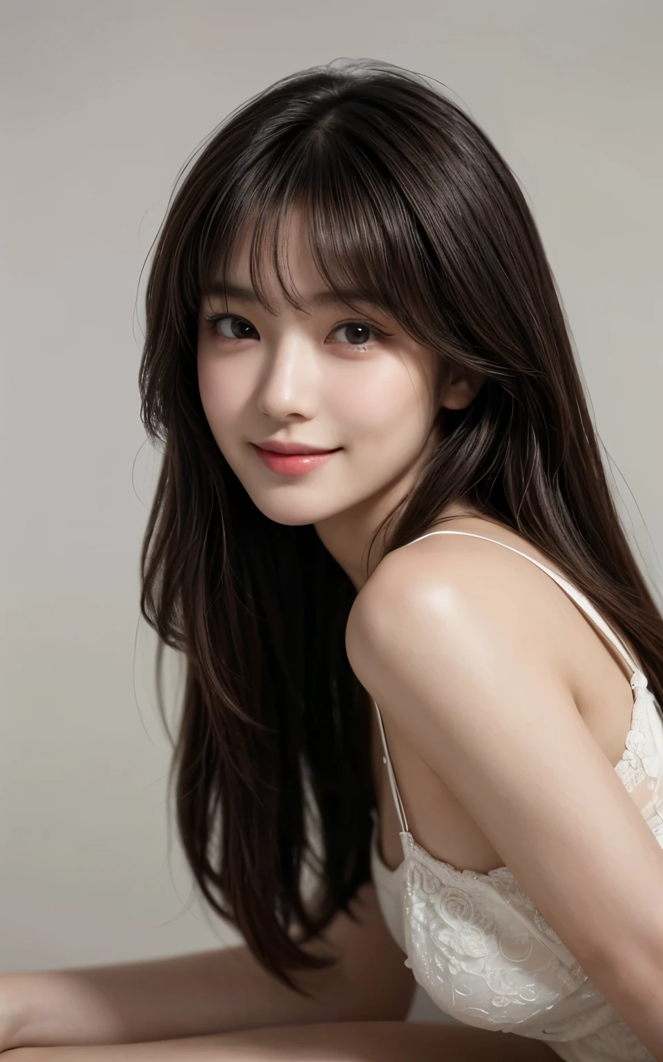 Masterpiece, best picture quality, high quality, beautiful woman, Japanese, 20-year-old, lovely, cute, detailed, swollen eyes, detailed eyes, detailed skin, beautiful skin, ultra high resolution, (reality: 1.4),very beautiful, beautiful skin, slender, (ultra realistic), (high resolution), (8K), (very detailed) (best illustration), (beautifully detailed eyes), (super detailed), (wallpaper), (detailed face), fine details, detailed face, smiling, looking straight ahead, looking straight ahead, angle from waist up, realistic photo, bright lighting, professional lighting, dark brown hair, long hair, long stylish bangs,