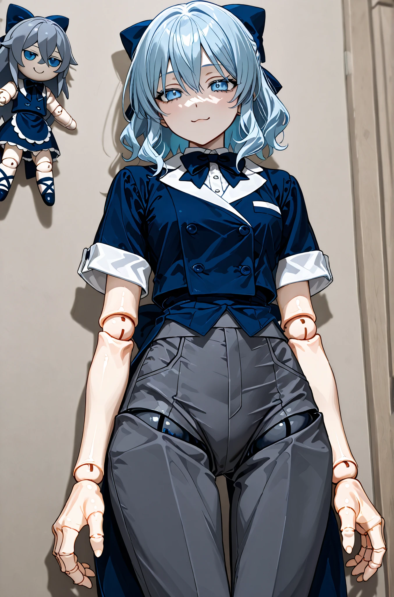 girl doll, Blue waiter clothes with bow tie, Dark grey pants, short light blue hair, 1 girl, (one) , doll joints, hips,(kind face), doll joints того же цвета что и одежда.