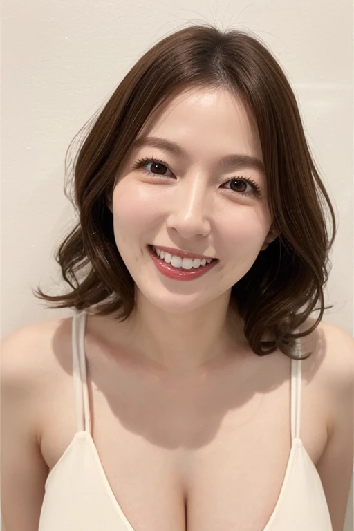 ((Highest quality)), ((8K)), ((masterpiece: 1.3)), (Perfect appearance), (Photorealism: 1.6), (AYN), (Woman standing in the middle of the stage), Japanese Mature, (58 years old), ((Realistic skin texture)), (Fine wrinkles appear all over the skin), (Dullness), (Unmoisturized skin) , (Facial wrinkles), (Wrinkles around the eyes), double eyelid, Lower eyelid tear trough, (Dimples), Short bangs, Long wavy hair, Smile with the corners of your mouth turned up, (Double teeth: 1.2), The gaze is directed here, (Open neck blouse: 1.4), (Three-quarter sleeves, Wide cuffs), (mini skirt), High heels, (whole body), (Angle from the feet),