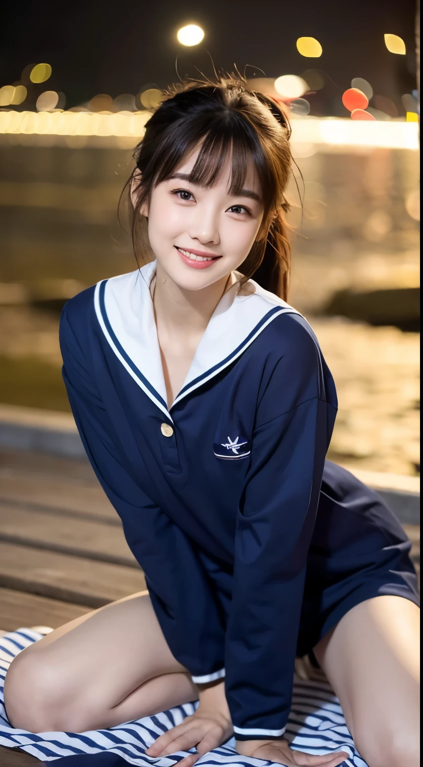(navy blue sailor suit)、HIGH SCHOOL GIRLS、sitting on picnic sheet、Japanese、(idol bending over)、((8k))、 Fireworksを見ている、 light in the eye 、The hairstyle is a ponytail、 black hair、smile、 Long Sleeve、Full Body、 Delicate Girl、sophisticated vibe、night、 Fireworks、delicate skin、Realistic teeth、(realistic:1.4)