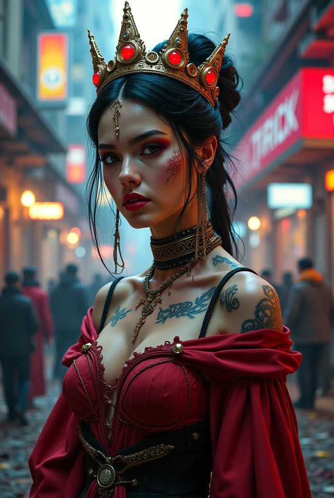 3 beautiful girl with tattoos on her body, wearing a native dress, 3girls, detailed face and eyes, beautiful detailed lips, extremely detailed eyes and face, longeyelashes, intricate details, oil painting, realistic, photorealistic, photo-realistic:1.37, best quality,4k,8k,highres,masterpiece:1.2,ultra-detailed,vivid colors,studio lighting,physically-based rendering,extreme detail description,professional:full body