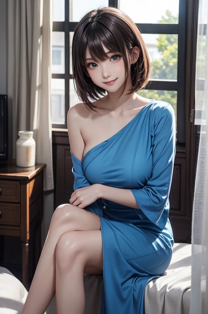 (Neon lights stand outdark店内、dark室内:1)(Photoreal)、(Super high realism)、(ultra high resolution)、(Ultra high definition)、((cute smile)) (14 year old girl、super cute face, natural makeup)(fair skin、Smooth skin、realistic texture)(It sparkled、eyes realistic eyes)(brown hair、thin hair、moist and tidy hair、shiny beautiful hair、extremely detailed hair、short bob、hair behind ears)((Long piercings))round beautiful breasts、beautiful cleavage、thin waist、constriction、big ass(denim dress、Front zip、Micro Mini Length、)(white knee high boots) 、dark、Neon lights stand out、sit on the sofa(Landscape、sensual pose))、Angle from a diagonal((Full body shot showing ankles))Moody Writing