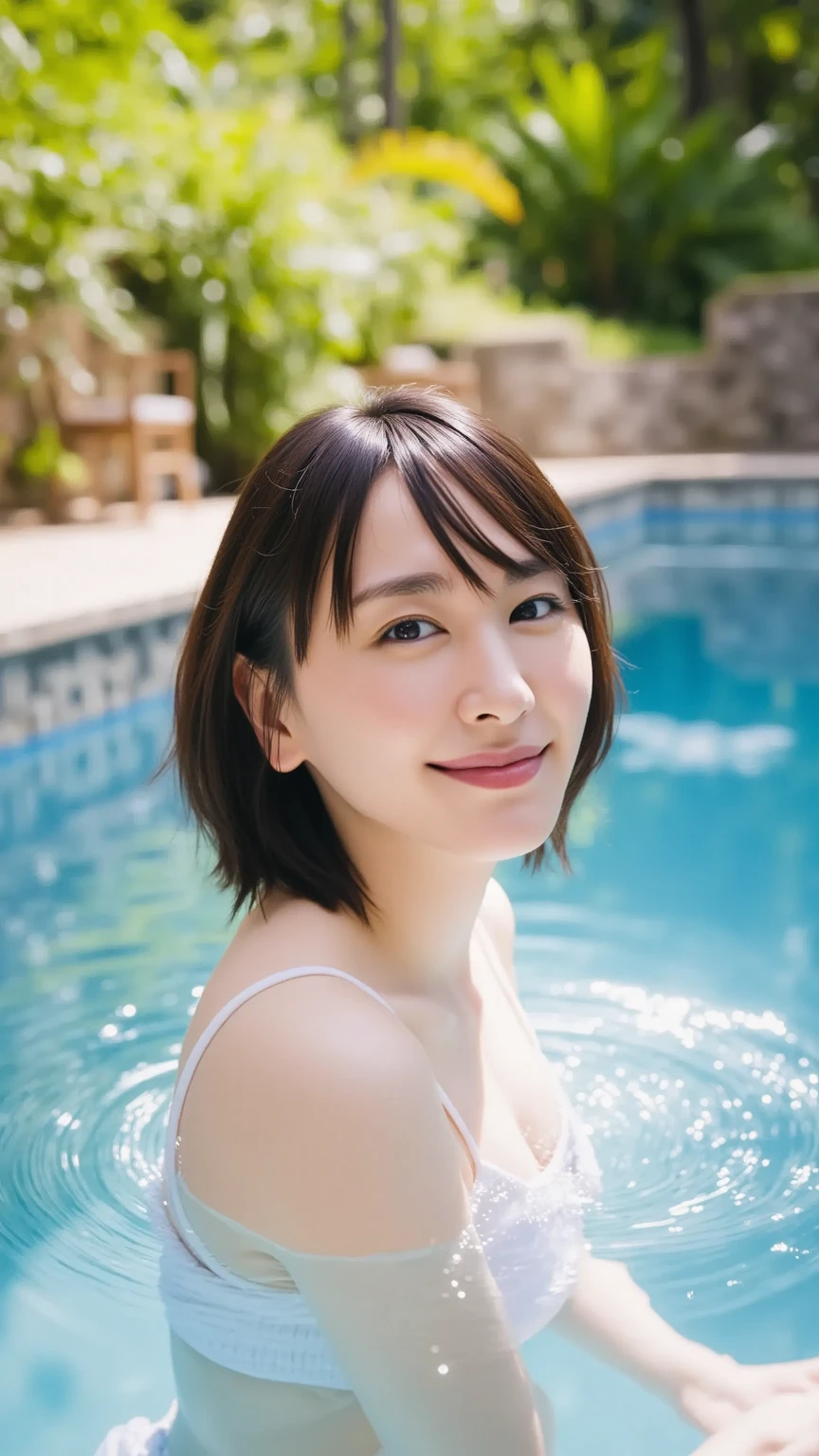 summer, Amorous, (Highest quality,4K, 8k, High resolution, Tabletop:1.2), Very detailed, (Realistic ,Realistic ,Photorealistic:1.37), One Girl, (Perfect body :1.2), Very detailed face, Detailed lips, Detailed eyes, Sexy double eyelids, Beautiful attention to detail, Beautiful lip detail, Orange kimono, , (back ), Sexy seductive pose, Wearing a rainbow swimsuit, short hair, there is nothing, Movie angle, Professional Lighting, unity 8k wallpaper, beautiful, masterpiece, Highest quality, Embarrassed laugh, South Island, Waikiki, Pool