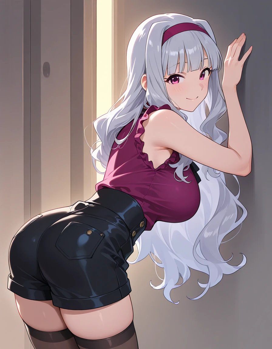(1girl), red eyes, mature, mole onder eye,white hair, pigtails, long hair,, x ornament, big lips, pretty lips, ((gyaru)), gyaru hairstyle,good hips and long legs, hourglass shape, pretty face with arms and legs, 2 4 year old female model, sporty, photo of slim girl model, sexy, gyaru outfit, blue sexy, painted fingernails, nsfw, mini skirt pink, ass, grabbing ass