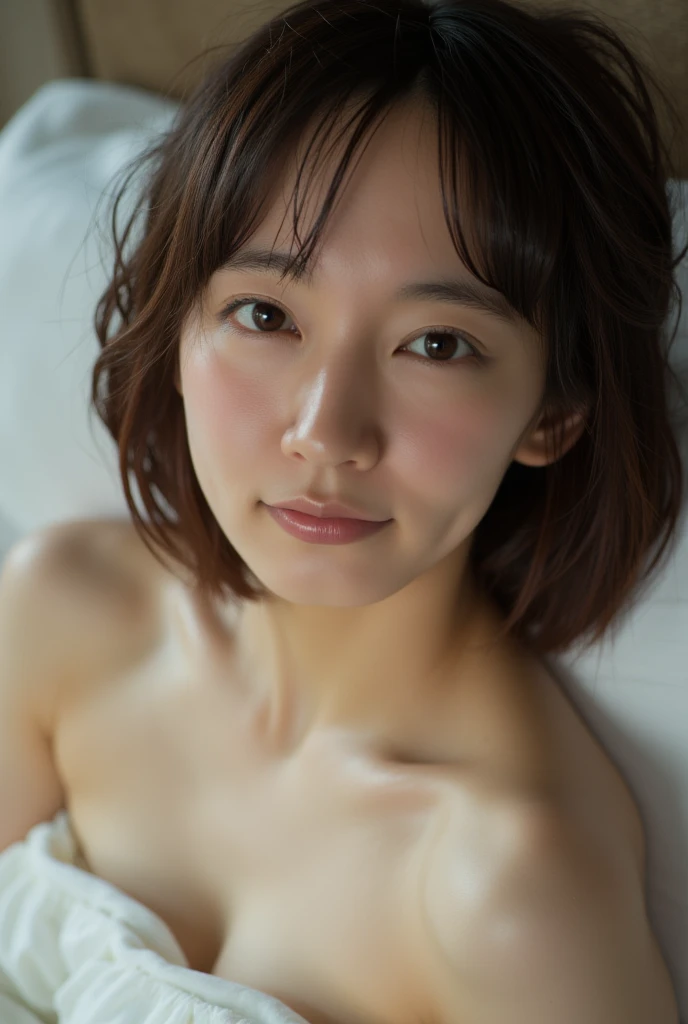 (Highest quality), (masterpiece), A nude Yoshioka Riho is lying on her back on a bed with her knees raised and legs wide open, exposing her vagina with a penis inserted into it., whole body, Her crotch is in the center of the screen., Eyes that are evenly shaped, Big eyes, Droopy eyes, very very short hair, Almost flat breasts, she does shy smile, she is blushing, She has a full head of pubic hair, Beautiful vagina, I am having sex with her, get creampied, She is gasping with her mouth open, A simple background with just a sheet,