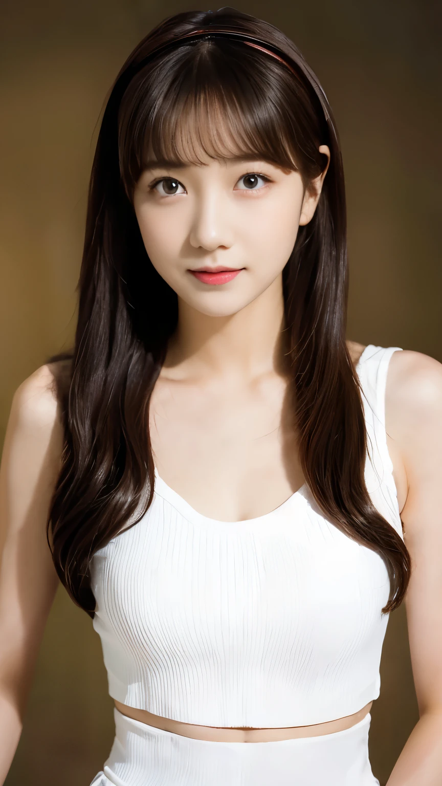 sweet smile、night、original photography、(((ultimate beauty portrait)))、((sparkling skin))、1 girl、 beautiful girl、bright expression、((dark brown hair))、(cleavage)、 (white crop top: 1.4), tight leather pants,(red lips:2.0), The face is super delicate,naked thighs,((Big eyes sparkling like gems))、Glowing and radiant skin、(Goddess of Rapunzel)、(silk headband)、(standing)、(from below)、eyeliner、beautiful bangs、hair between eyes、((Masterpiece、top quality、Super detailed、Warm colors、intricate details、high resolution、Very detailed))、background for this、Digital SLR、soft light、high quality、film grain、Fuji XT3 、shallow view deep、natural soft light、Kamimei、plump bust,Big breasts,Protruding breasts