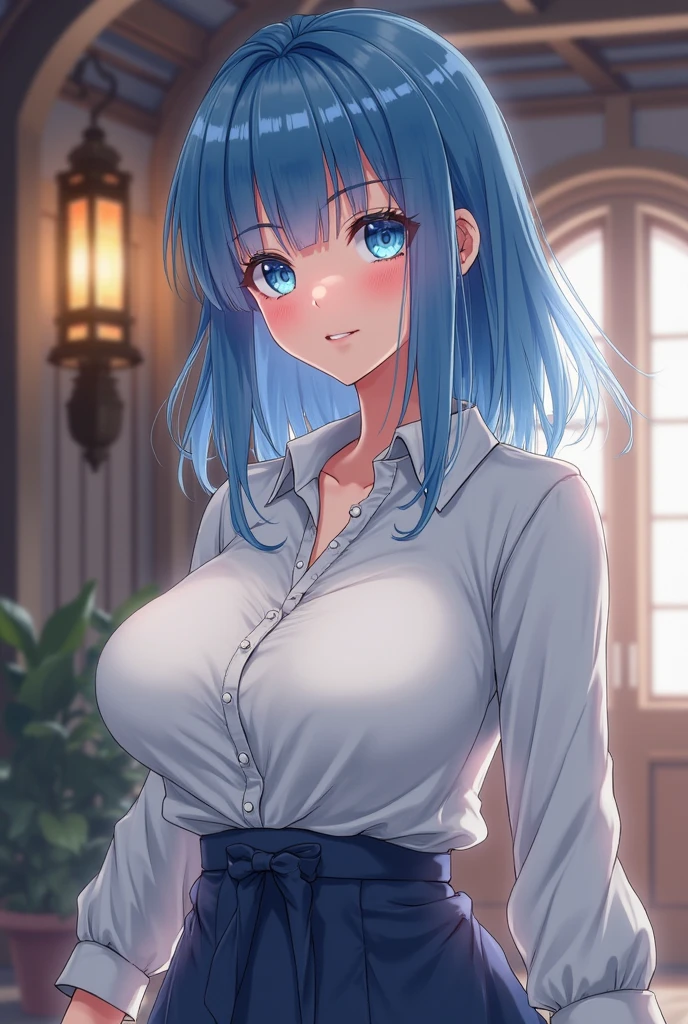 hair in a high ponytail, crystal blue eyes, flirty 25 years old, busty, cleavage, blouse unbuttoned , skirt, standing, coy smile with open parted lips, (blushing:1.3), looking invitingly at the viewer, facing the viewer, livingroom background, leaning forward in a doorway, (pov), glowing eyes, necklace, earrings, nsfw,
