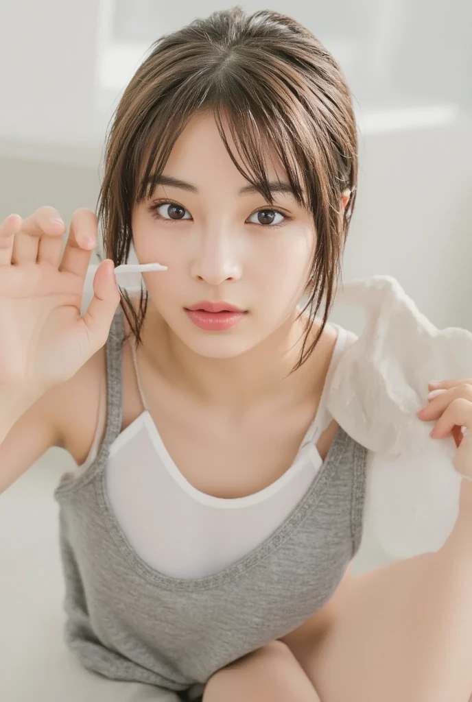 One Girl, (Beautiful girl, Delicate girl:1.3), (14 years old:1.3),
break, (Roll up a towel, White towel:1.2),
break, (Bedroom:1.2), (On all fours:1.3),
break, Very beautiful eyes, (Symmetrical eyes:1.3),
break, Small breasts, Brown eyes, Parted bangs, Brown Hair, (Upper teeth, The best smile:0.2),
break, (Eye and facial details:1.0),
break, (masterpiece, Highest quality, Super detailed, Detailed face, 8K)