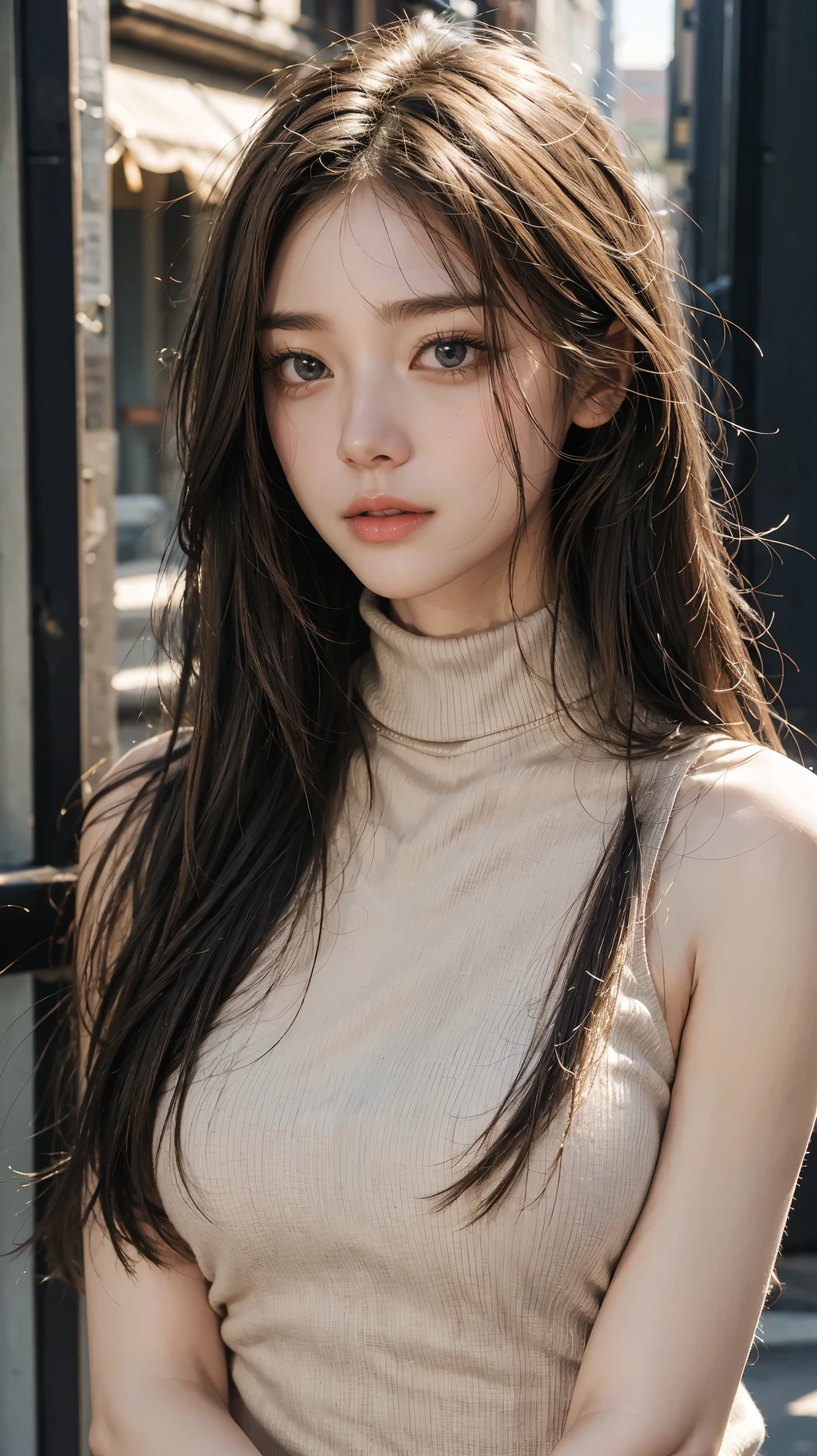 ​masterpiece、8K、32K、top-quality、(A detailed eye)、(A cute Japanese woman、bangss:1.3)、23years old、1 girl in、elegent、(White concrete wall)、black tank-top