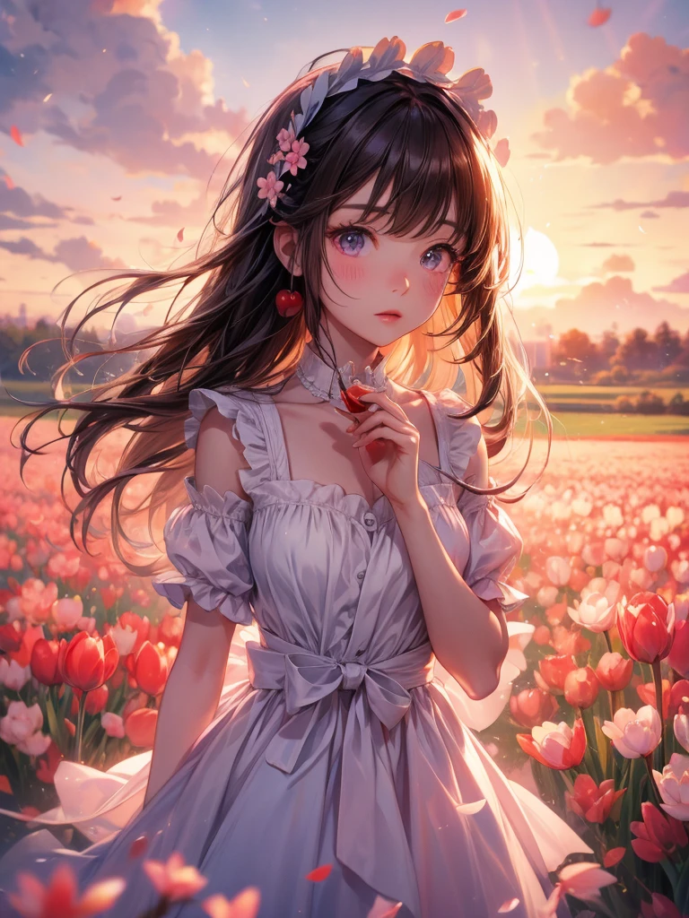A young girl sits in a sea of flowers full of roses,sideface