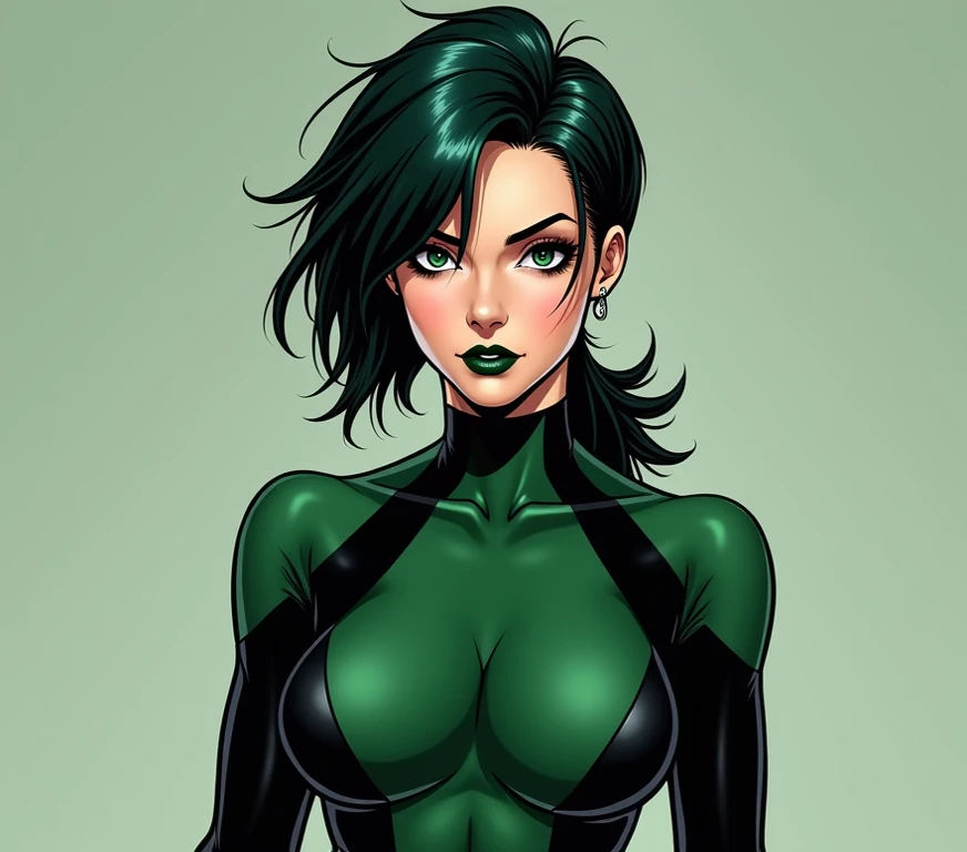 1girl, green skin, dark green hair, seamless bob cut, undressed, comics, superhero