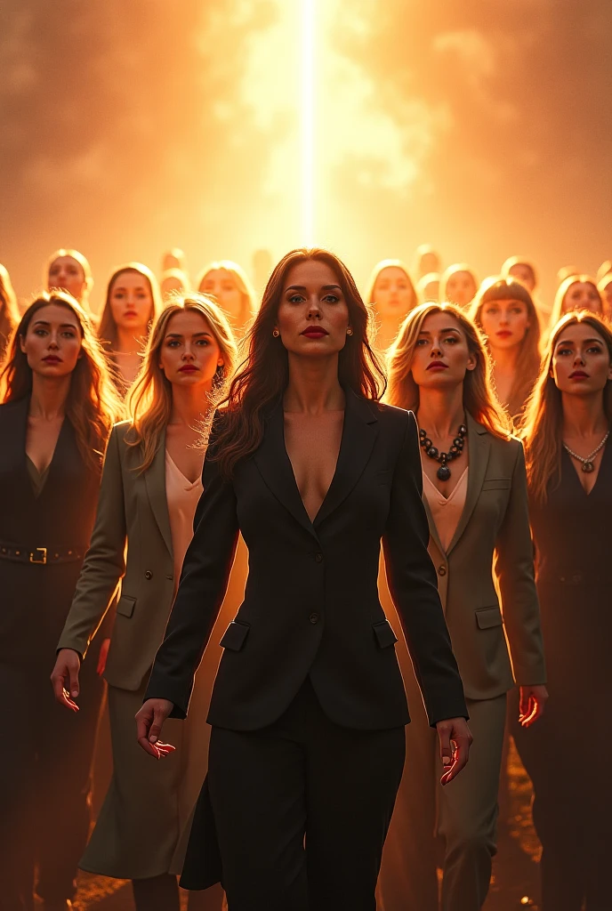 5 men in suits standing, and besides, a well-dressed woman sitting in the center of them, as a background the world in flames behind
