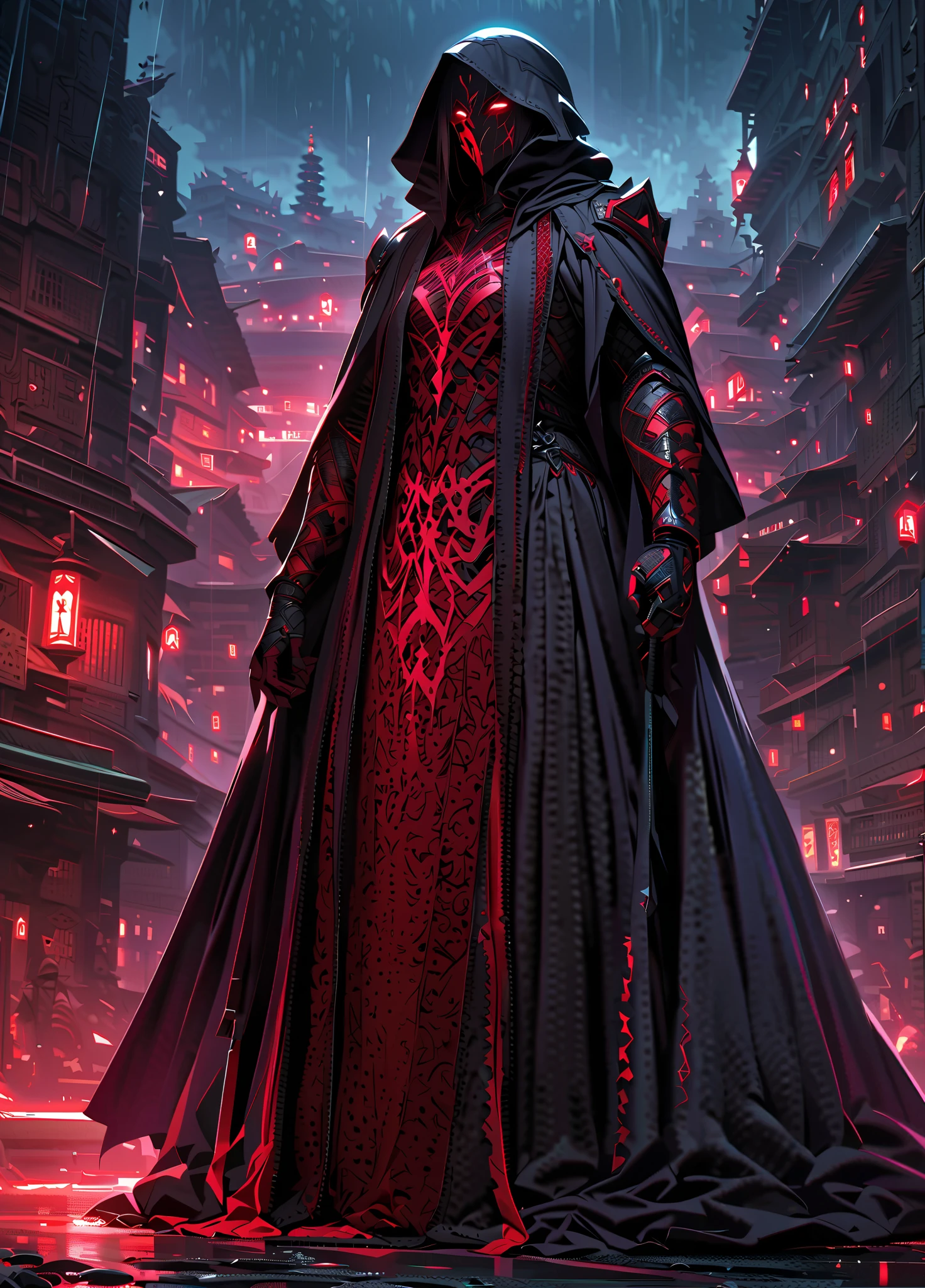 bo-an1me, high quality, ultra detailed, dark fantasy illustration, a dark, atmospheric portrayal of a menacing figure, likely from a video game or fantasy setting. The figure is cloaked in a long, flowing gown with intricate, dark patterns and sharp, angular designs. It holds a large, open umbrella with a striking red hue, contrasting sharply with the cooler tones of the surrounding environment. The character's face is covered by glowing red eyes, giving it an eerie appearance. The background is a dimly lit cityscape with faint lanterns, suggesting a nighttime setting. Rain falls heavily, creating a sense of foreboding. The overall color palette is dominated by dark blues, blacks, and reds, with the red of the eyes adding a pop of color.