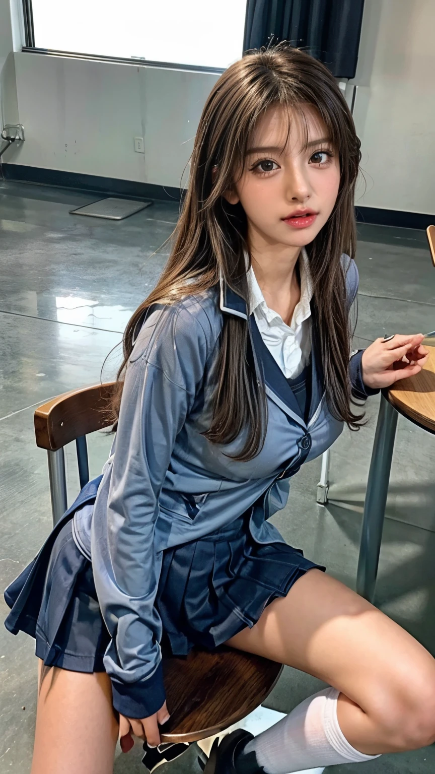 masterpiece, high school girl、( school uniform:1.5)、(I can see her panties:1.5)、 (My huge breasts are sticking out) 、I can see the dirty part、navy high socks、 Panchira,Put on your shoes、(Bright School Classroom:1.5) viewer, reality, Full Body Lesbian, radical, expensive, RAW Highly detailed, ahegao, water is flowing through her mouth , Sticky Tang , Big Breasts, SEXUAL EXCITEMENT, sexual expression, blazer from above the bar、(sit on a chair and spread your legs:1.5), leaning on the backrest,