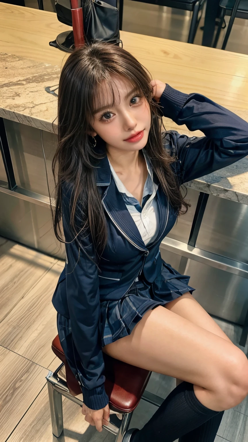 masterpiece, high school girl、( school uniform:1.5)、(I can see her panties:1.5)、 (My huge breasts are sticking out) 、I can see the dirty part、navy high socks、 Panchira,Put on your shoes、(Bright School Classroom:1.5) viewer, reality, Full Body Lesbian, radical, expensive, RAW Highly detailed, ahegao, water is flowing through her mouth , Sticky Tang , Big Breasts, SEXUAL EXCITEMENT, sexual expression, blazer from above the bar、(sit on a chair and spread your legs:1.5), leaning on the backrest,
