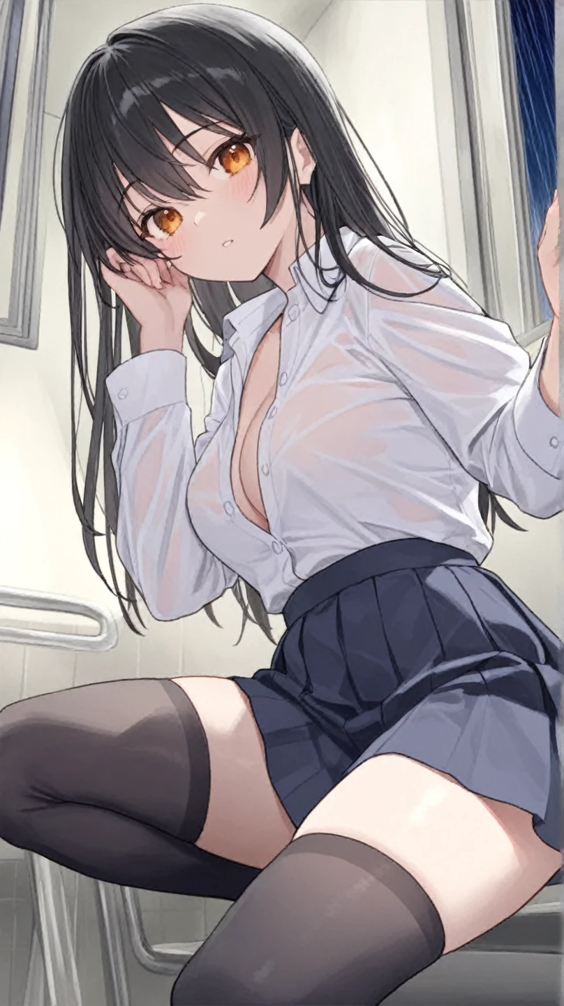 (8K、Highest image quality、highest quality、masterpiece)、detailed face、((1 baby girl))、black hair、long hair、blunt bangs、red eyes、evil smile、((grin))、((small breasts))、((see through camisole))、minimum skirt、((black pleated skirt))、((micro skirt lift)、cowboy shot、((street background)),((see through)),((nipples)),((nipples visible)),((squatting)),((spread legs)),((wet panties)),((show off inside skirt)),(cameltoe),((())),(lolil),pussy juice,hand to penis,grab the penis,hand to penis,touch the penis,tekoki,Exposure,pussy juice,wet pussy,cum,penis into mouth,kiss to the penis,Licking penis,mmf Double Handjob,cum,semen,sperm,bukkake,cum on ,((penis ejaculates semen)),(((ejaculates semen)))