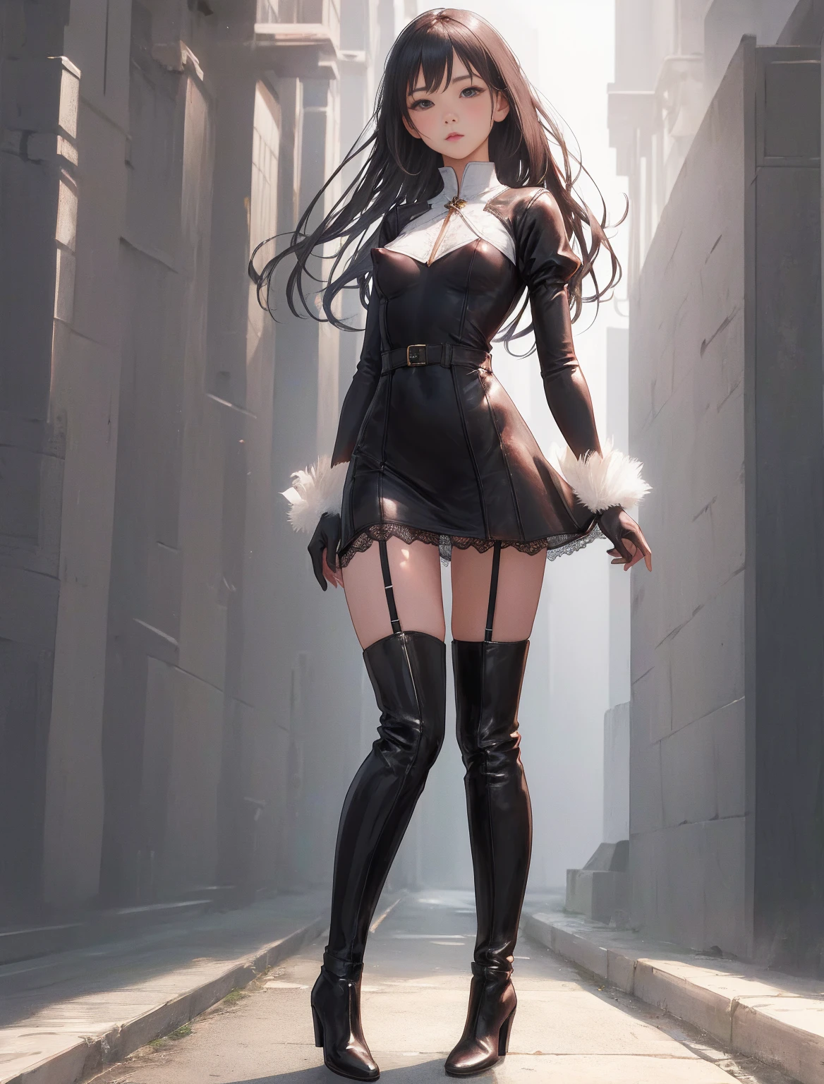 In a snowy landscape, there is a captivating heroine girl wearing a sleek black uniform with a cute skull design on it. Her uniform is inspired by the venomous character, showcasing a dark and edgy style. She has long flowing hair that gracefully dances in the wind. Completing her outfit, she wears stylish snow boots that provide both practicality and fashion. The scene has a comic book aesthetic, with vibrant colors and bold lines that bring a sense of excitement. The girl has a warm and genuine smile that radiates her charming personality. The image is of high quality, with ultra-detailed elements and a photorealistic representation. The colors are vivid and lively, enhancing the overall appeal. The lighting creates a magical ambiance, highlighting the girl's resilience and strength.