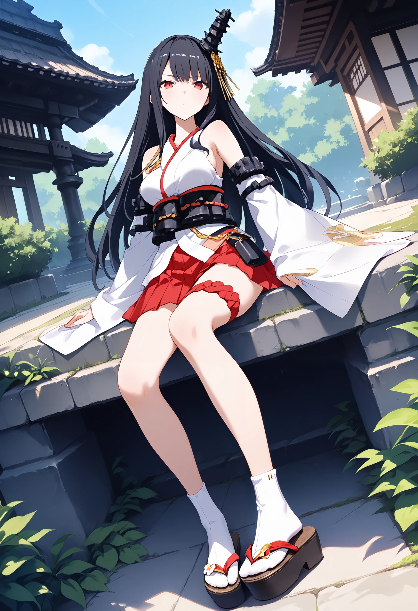 1 girl, Alone, walk, fusou-kc , red eyes, long hair, black hair, hair ornament, headgear for brainwashing, fusou-n-kc , Japanese Clothes, Non-traditional Shrine Maiden , Bare Shoulders, fusou-sleeve , detachable sleeve, loose sleeves that sit on top, Black Belt, red skirt, pleated skirt, hakama short skirt, micro miniskirt, thigh strap, white socks, Sandals,, score_9,score_8_up, score_7_up, source_anime, masterpiece, best quality, Official Art, Official Style, game cg, goddess magazine, rating_safe, rating_ are suspicious, panties with visible lines,