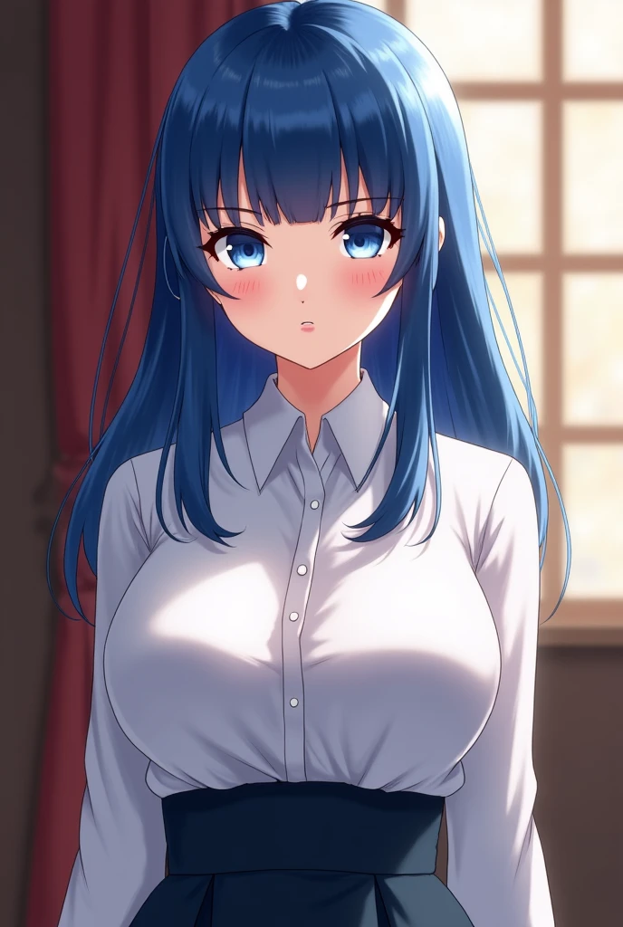 anime　Baby Face　limbs　to be tied up　Big Breasts　His shirt is messed up and his nipples are exposed　Pussy　Long, almost blue, black hair that looks motionless like a Kokeshi doll　Bangs are aligned in a straight line　A mature-looking person