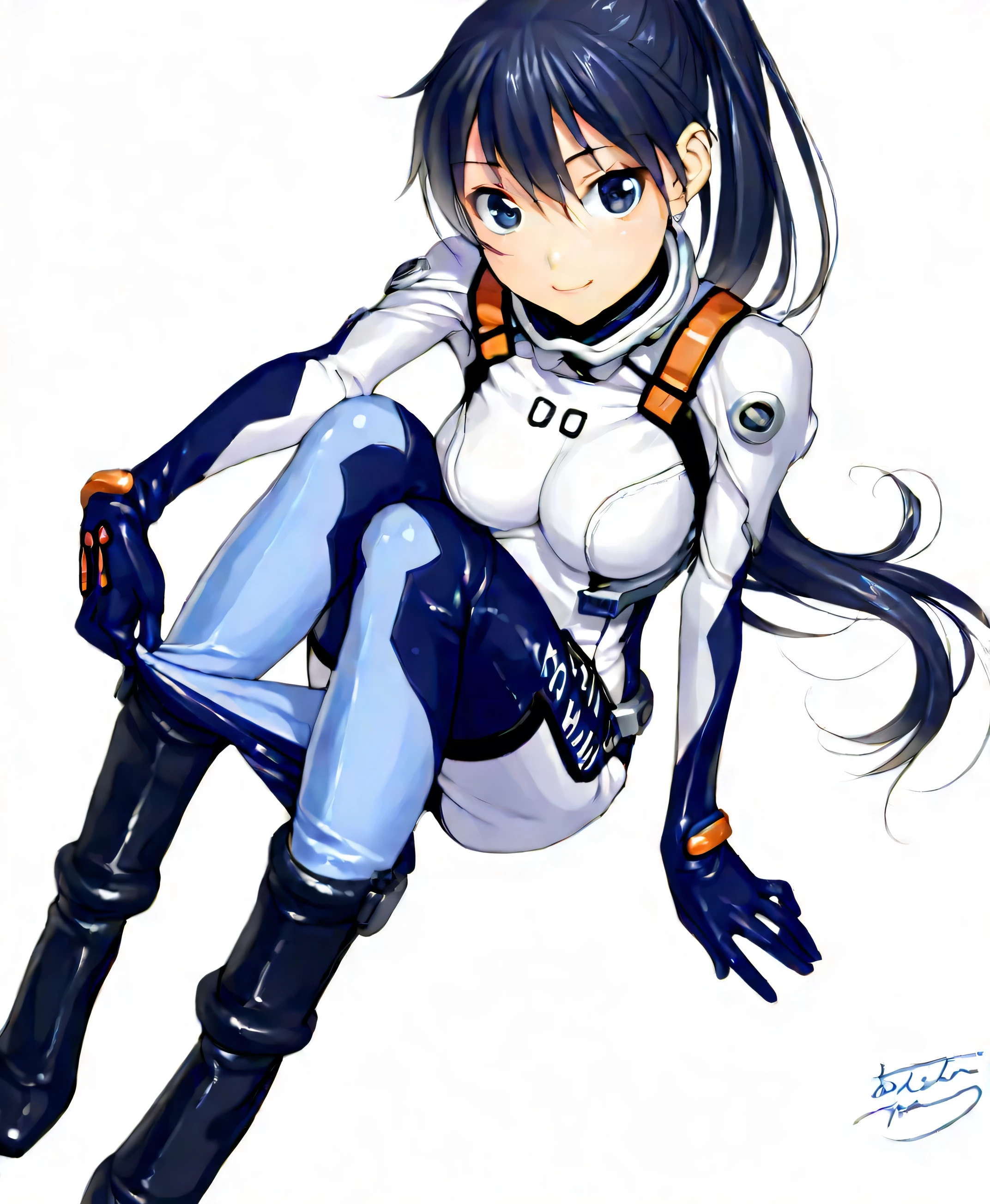 (masterpiece、 top quality、 highest resolution 、 Clear Images 、 Detailed Images、 The angle is from above ): ( one Japanese woman 、 High Ponytail、 Friendly Smiles。 dark blue hair 、 Sparkling blue eyes 、( white and navy blue pilot suit (Enamel Finish )、white and dark blue tight clothing (Enamel Finish )、 that conceals your legs 、 White and dark blue thigh-covering pants 、 white and dark blue shoulder cover 、 wear dark blue fitted pants that hide legs 、Armor to hide the chest、 dark blue fitted innerwear that conceals legs 、Completely conceals the chest )、 very delicate and beautiful、More、 slender body、exoskeleton、 cute、 kind smile、 soft impression 、heroine、white and navy hard boots、 elbow length gloves、 Active Action )、( simple background、 white background:1.5)