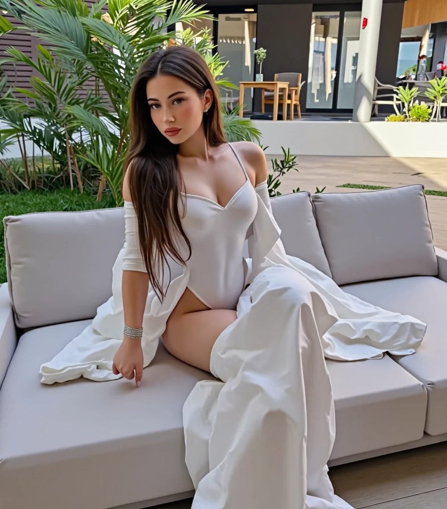 1 solo girl, brunette straight hair, Red lips, head, in dubai, in a casual outfit, sitting outside, portrait, you can only see the head