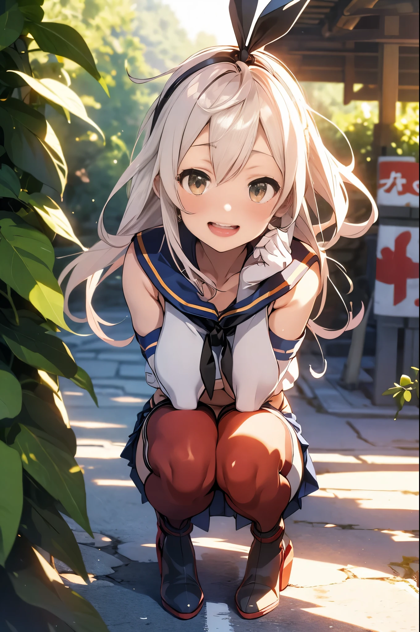 shimakaze、Beautiful body、Beautiful constriction、(underboob),red and white tights,white color hair,Long twin hair,Stockings,Squats from the front,erotic-expression,Beautiful face with armpit leakage,Surrounded by photographers at a photo session,beautiful face wearing high heels、mini skirt blue、Lower breast、A smile、